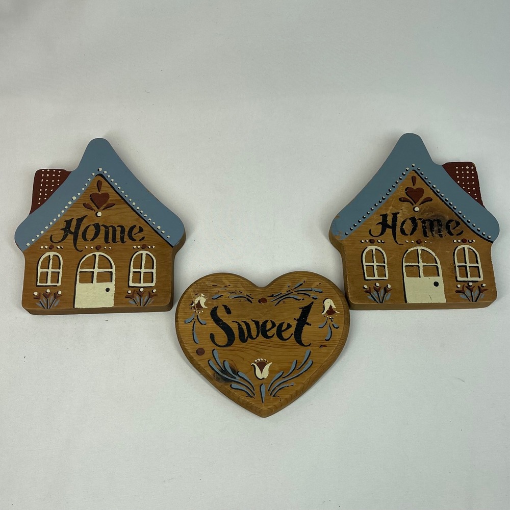 Vintage Wood Home Sweet Home Wall Plaques Set of 3 Folk Art Country Decor